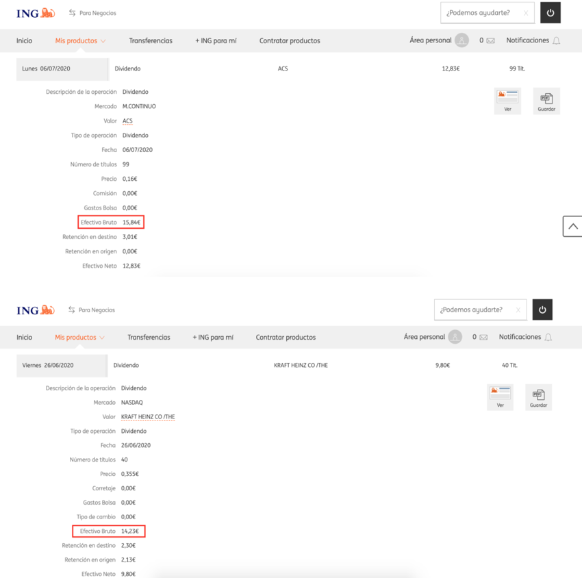 Ejemplo dividendo en ING