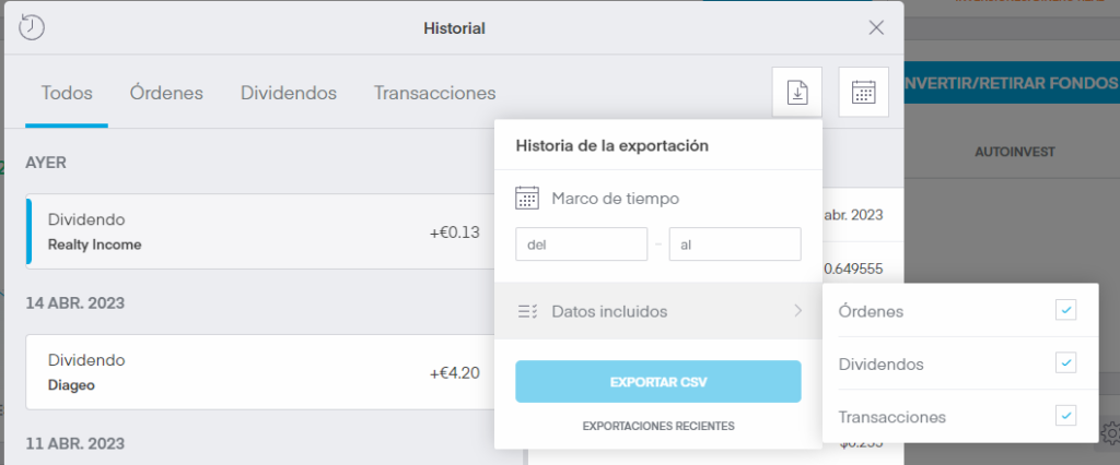 exportar historial trading212